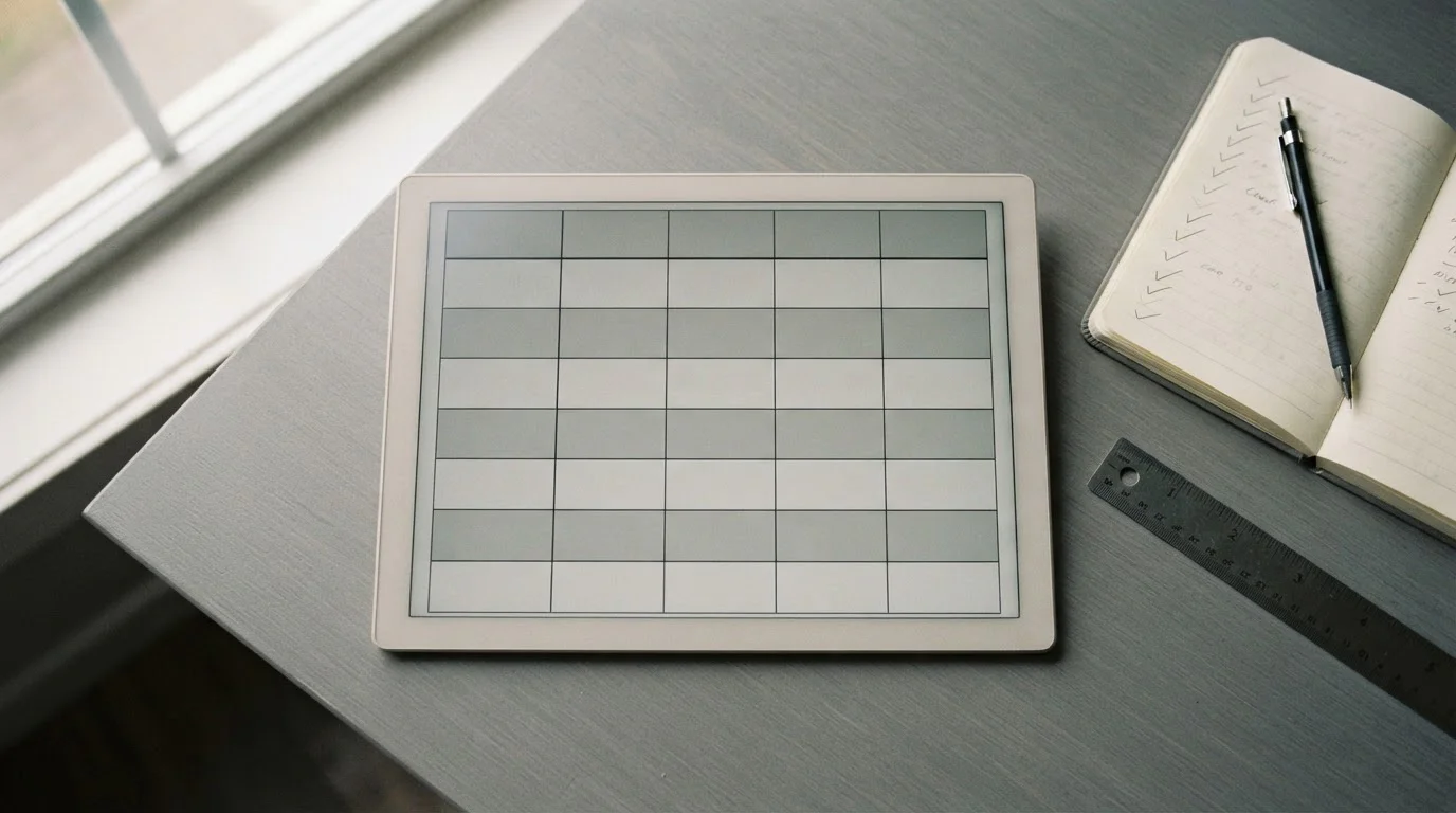 Vergleichstabelle mit acht Zeilen auf einem Tablet neben Notizblock