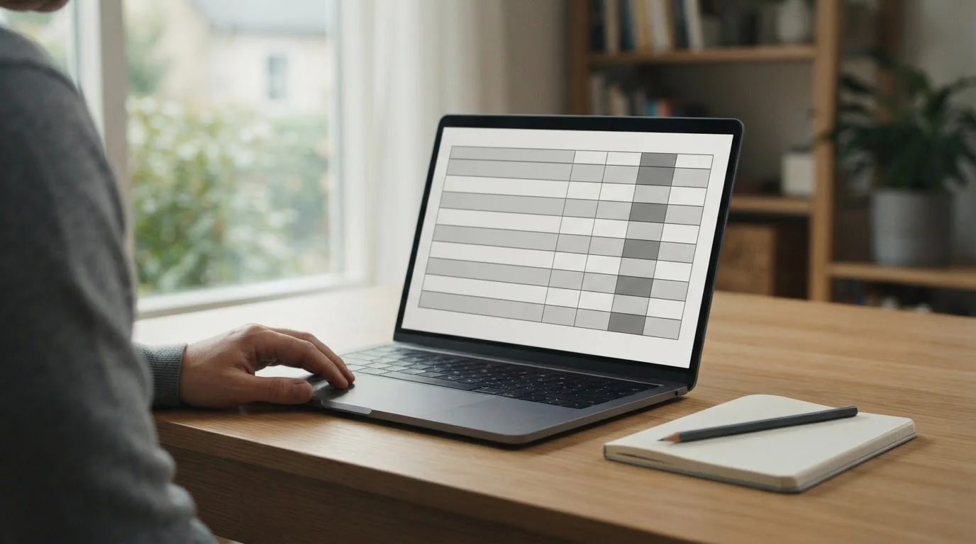 Vergleichstabelle auf einem Laptop-Bildschirm mit acht neutralen Zeilen