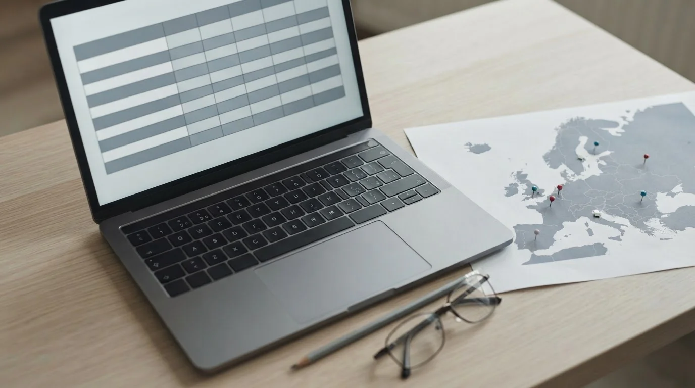 Vergleichstabelle auf einem Laptop mit neutralen Zeilen und Spalten