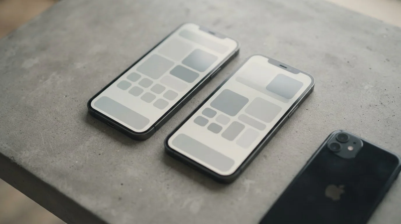 Zwei Smartphones nebeneinander mit leeren App-Kachel-Rastern