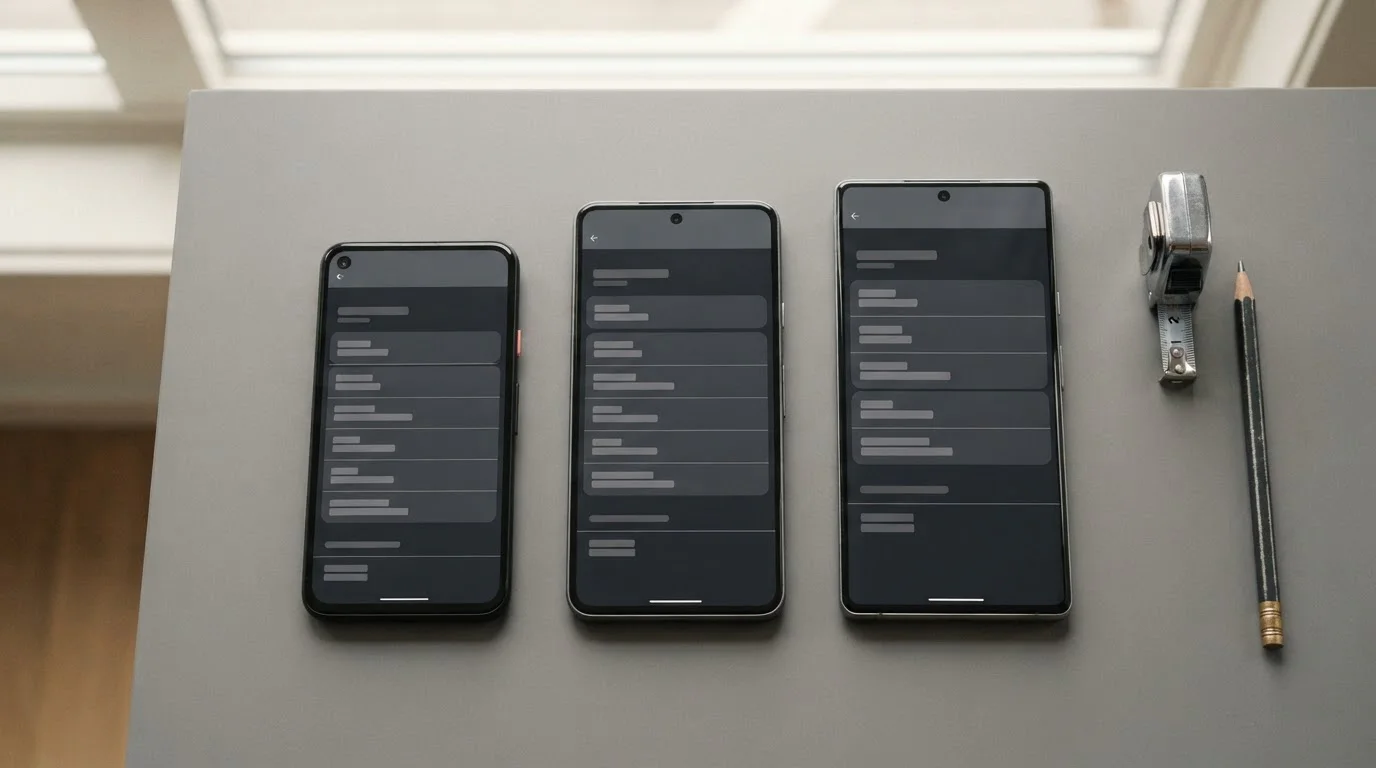 Mehrere Android-Smartphones nebeneinander mit neutralen Systemanzeigen
