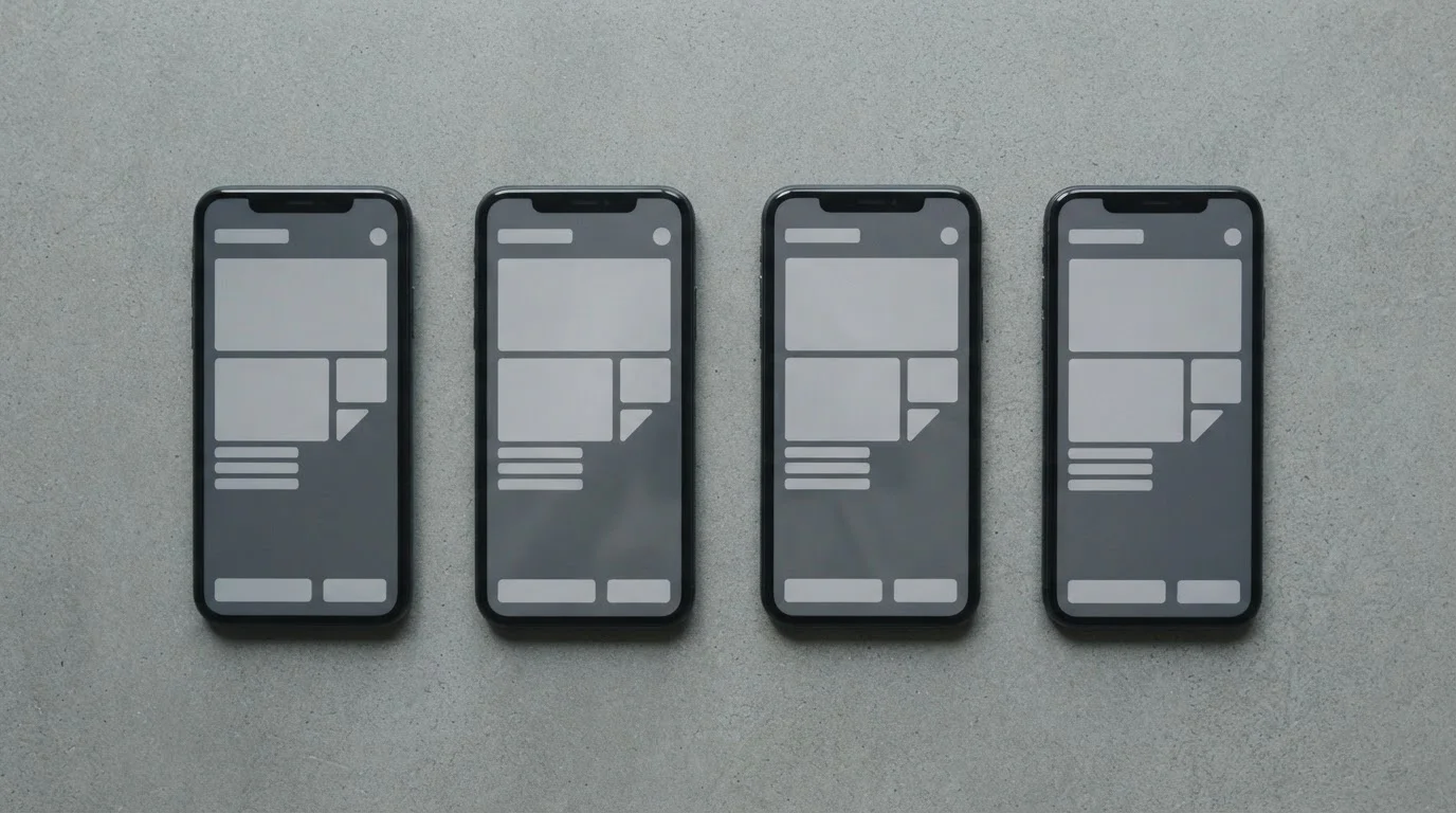 Vier leere Smartphones in einer Reihe auf grauem Untergrund