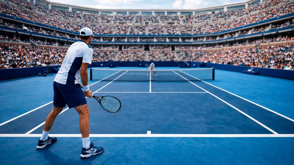 Tennisspieler auf einem großen Turniercourt mit vollen Tribünen