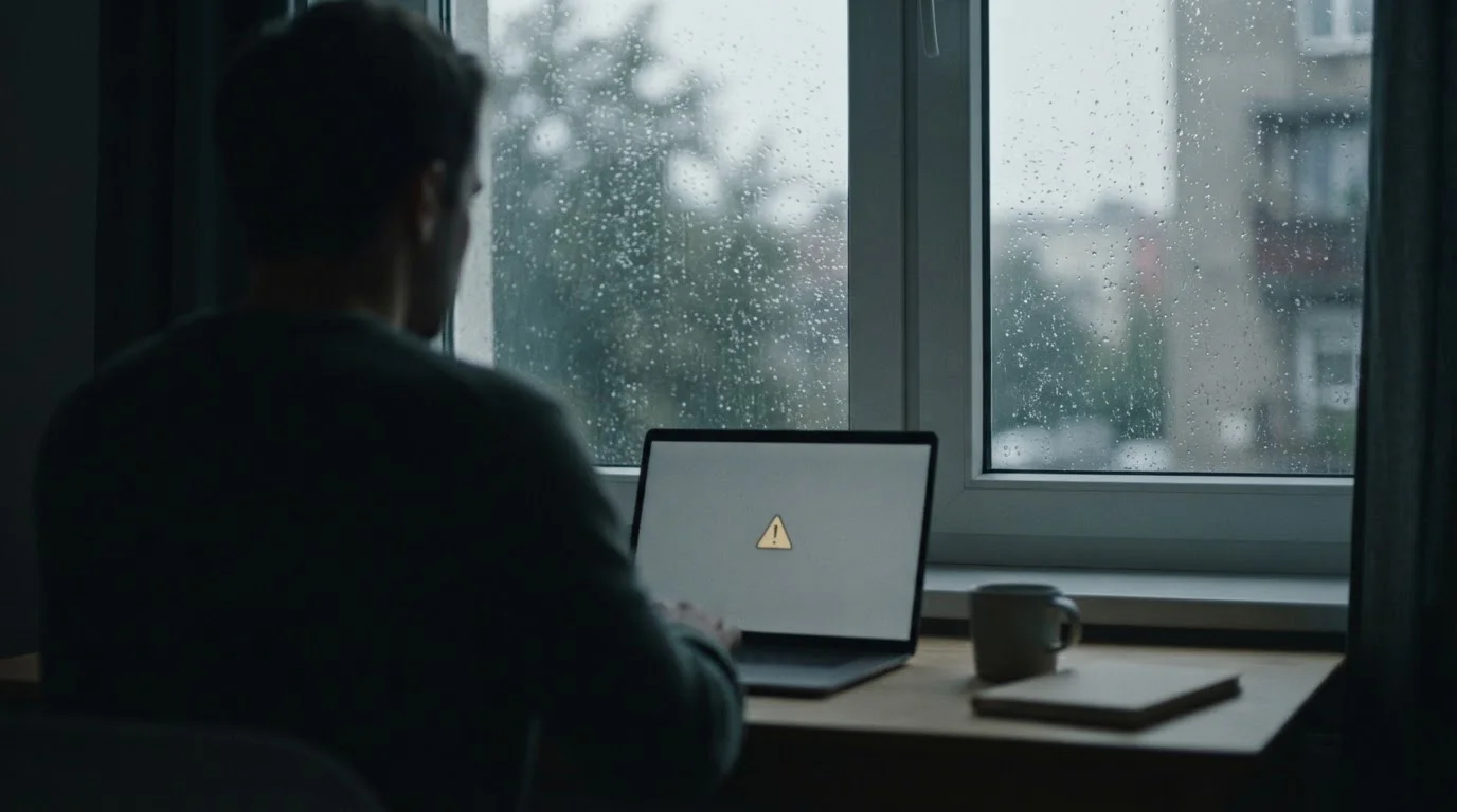 Silhouette einer Person vor Fenster mit Regen und Laptop im Halbdunkel