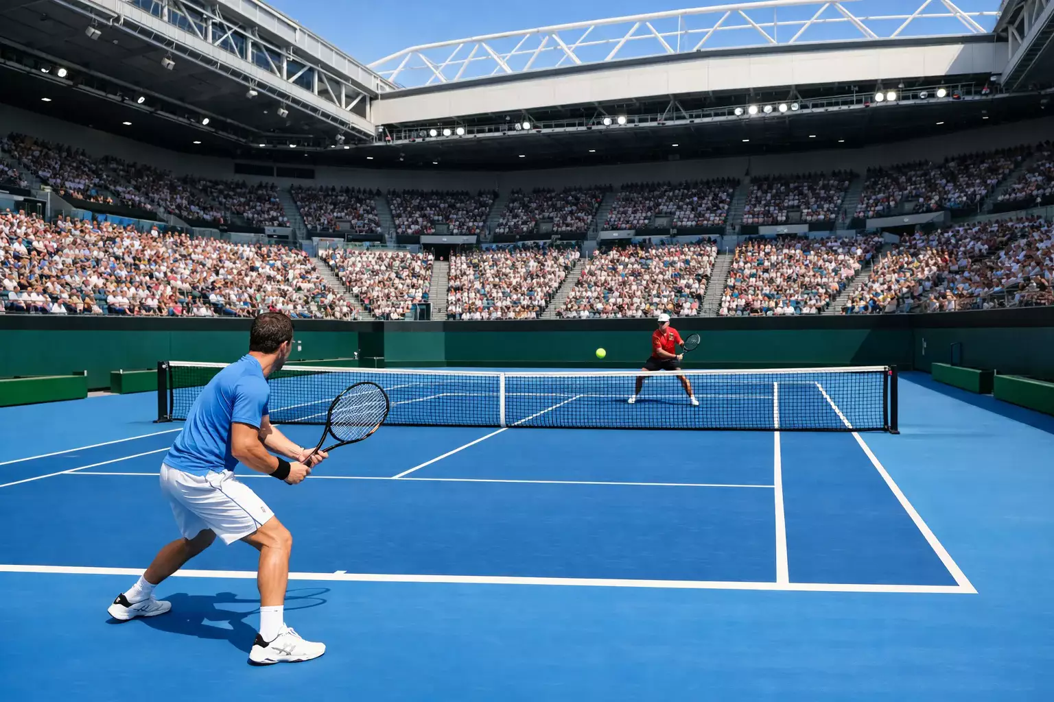 Hartplatz-Tennismatch bei Sonnenschein in einem modernen Stadion