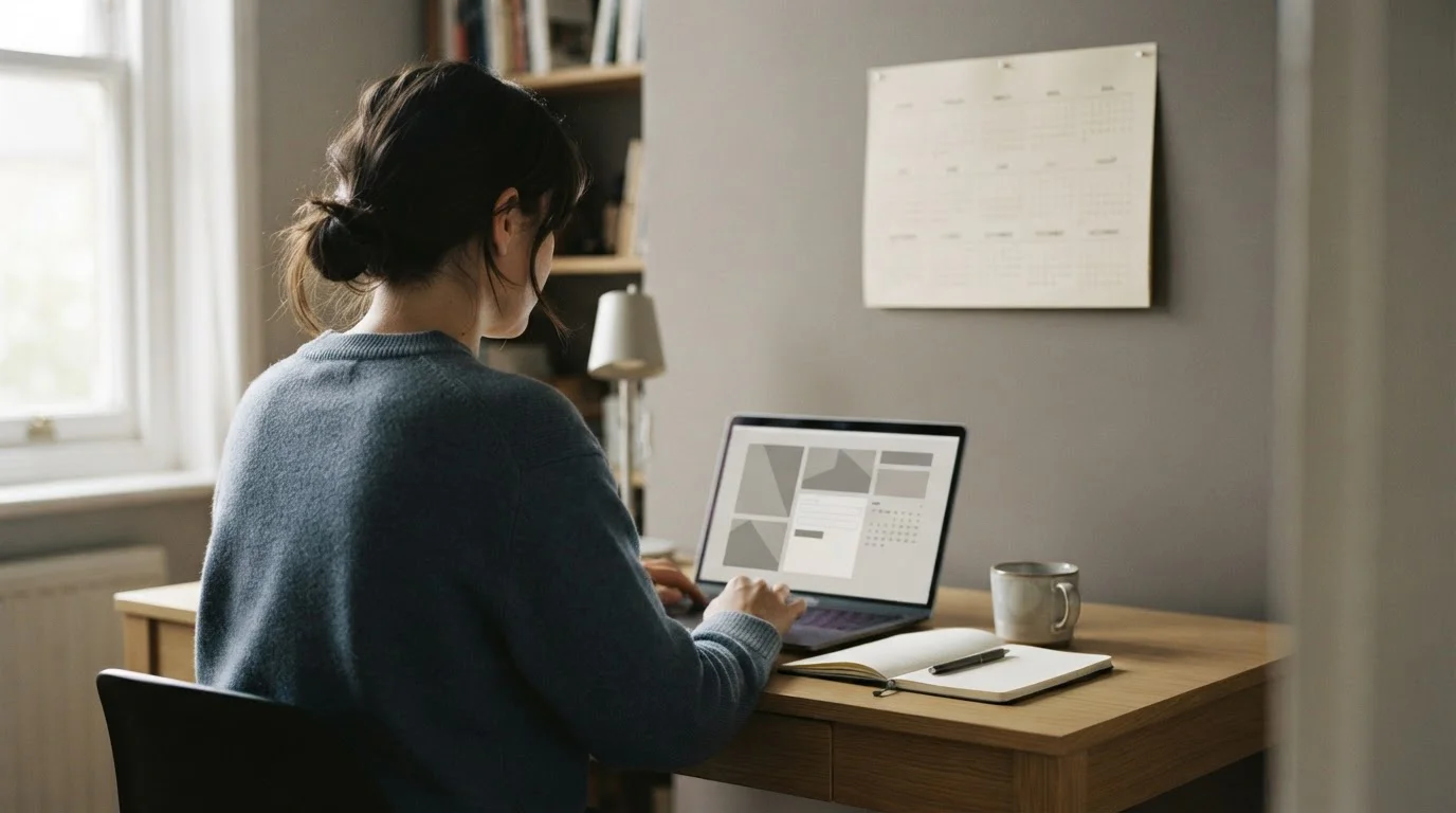 Person am Laptop prüft Auszahlungsbedingungen mit Kalender und Notizen