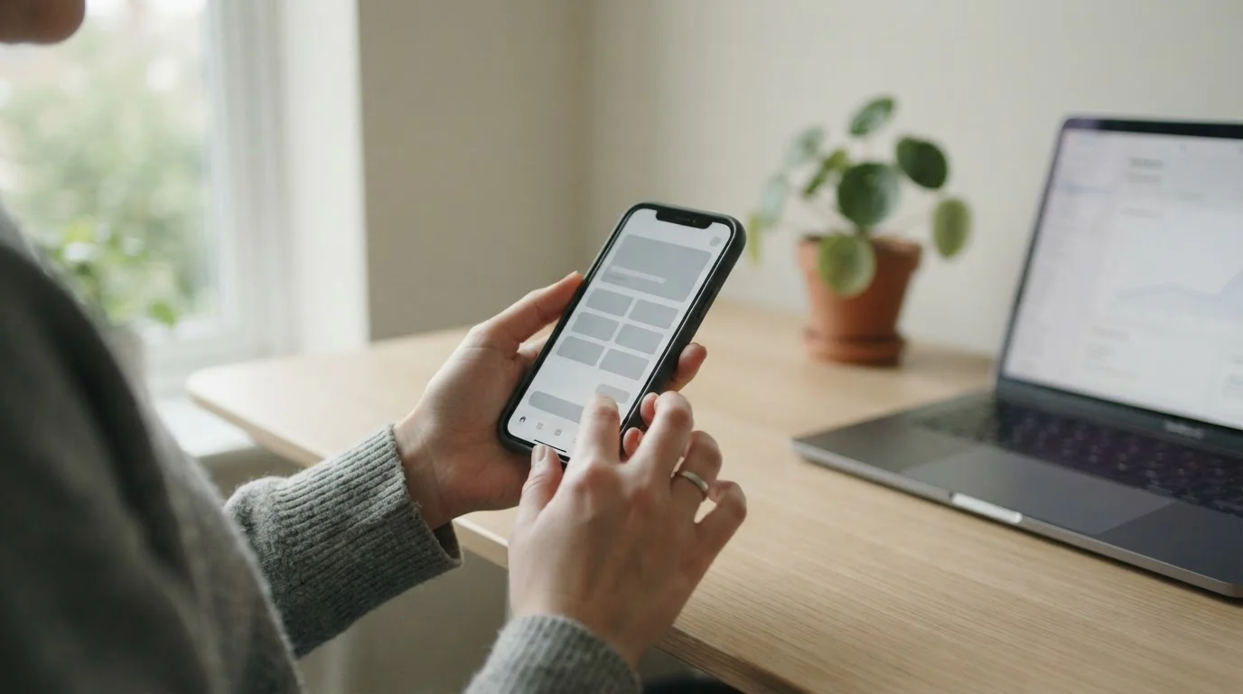 Hände am Smartphone mit neutraler Zahlungsoberfläche