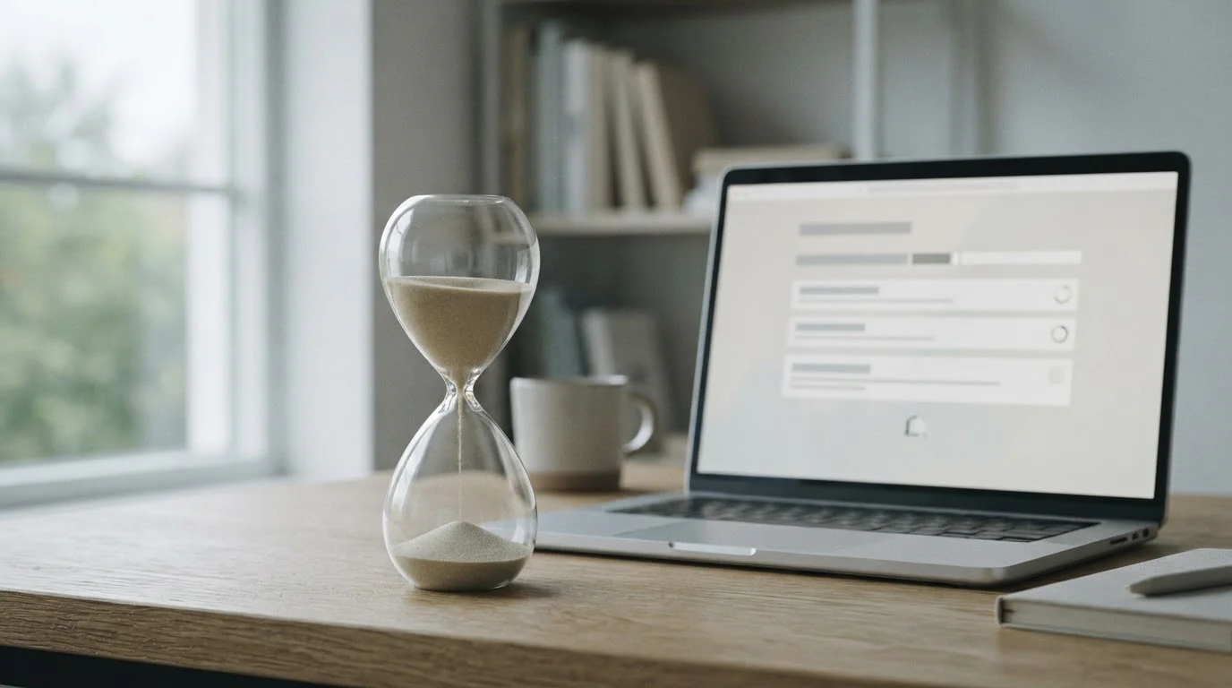 Sanduhr neben Laptop symbolisiert Wartezeit beim Auszahlungsprozess