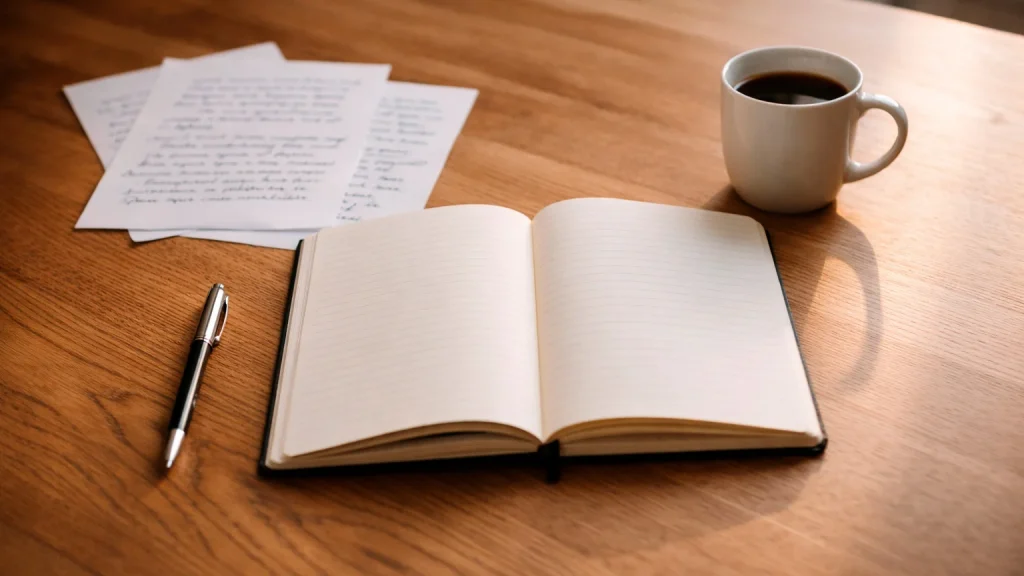 Aufgeräumter Schreibtisch mit Notizbuch, Stift und einer Tasse Kaffee bei Tageslicht