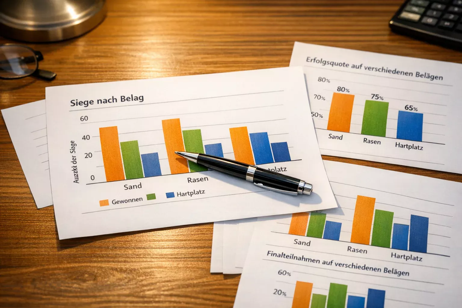 Ausgedruckte Spielerstatistiken und Leistungsdaten auf einem Schreibtisch