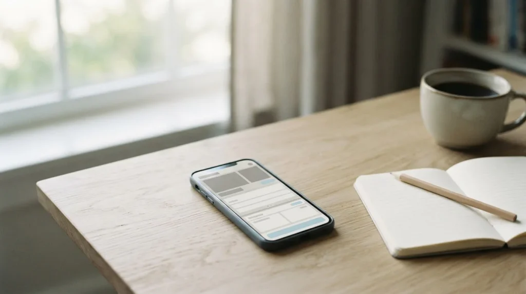 Smartphone mit neutraler Wett-App-Oberfläche auf einem Schreibtisch neben Notizblock