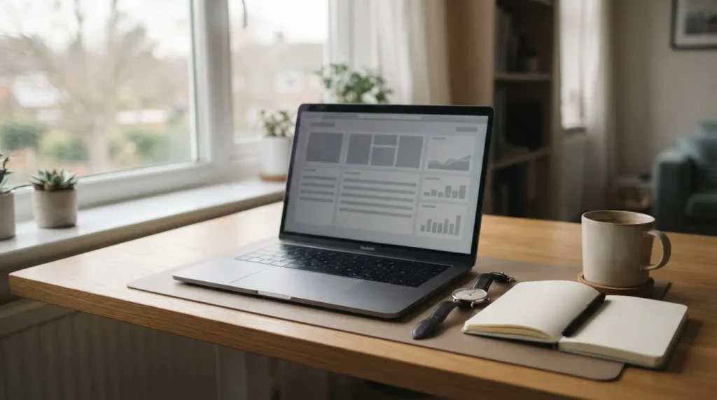 Schreibtisch mit Laptop, Uhr und Notizen zur Analyse schneller Auszahlungen bei Wettanbietern
