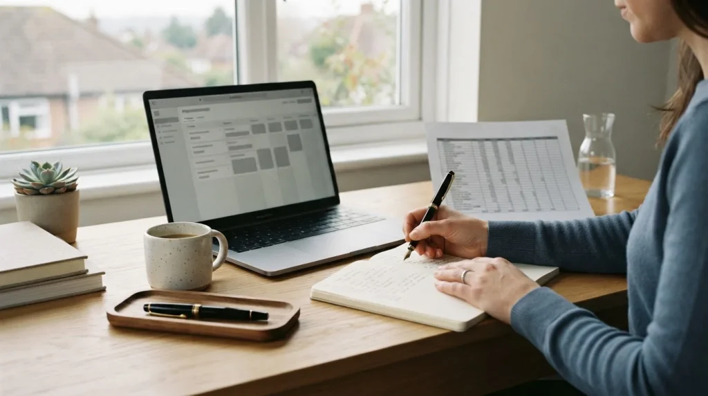Schreibtisch mit Laptop und Notizen zu Banküberweisungen bei Wettanbietern
