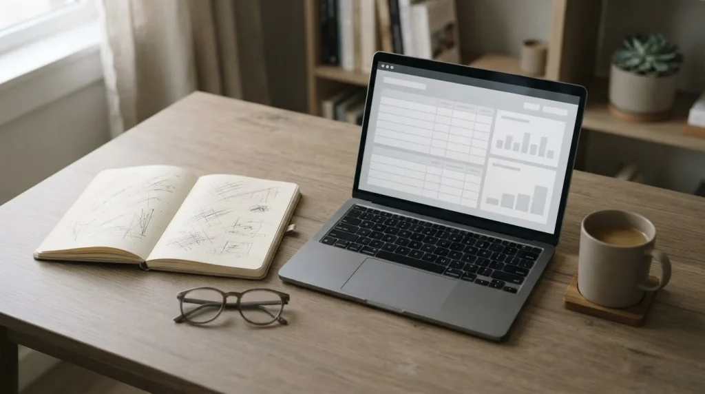 Schreibtisch mit Notizen und Laptop zur Analyse steuerfreier Wettanbieter