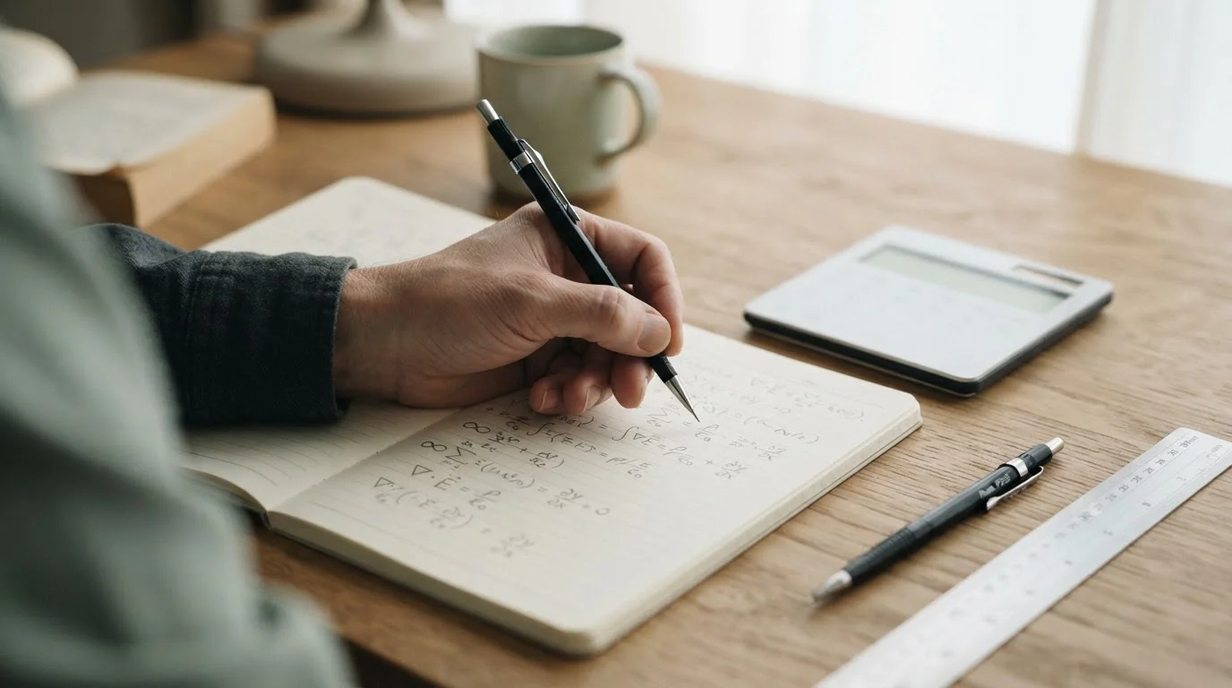 Handschriftliche Notizen und Taschenrechner zur Berechnung von Bonusbedingungen