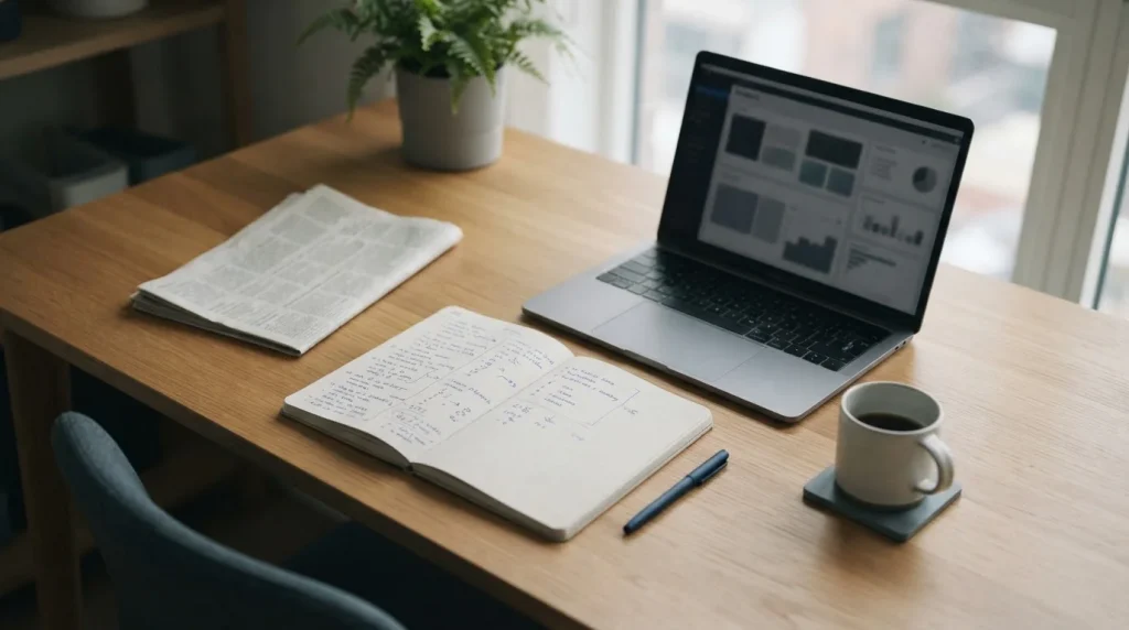 Schreibtisch mit Notizen und Laptop zum Buchmacher-Vergleich