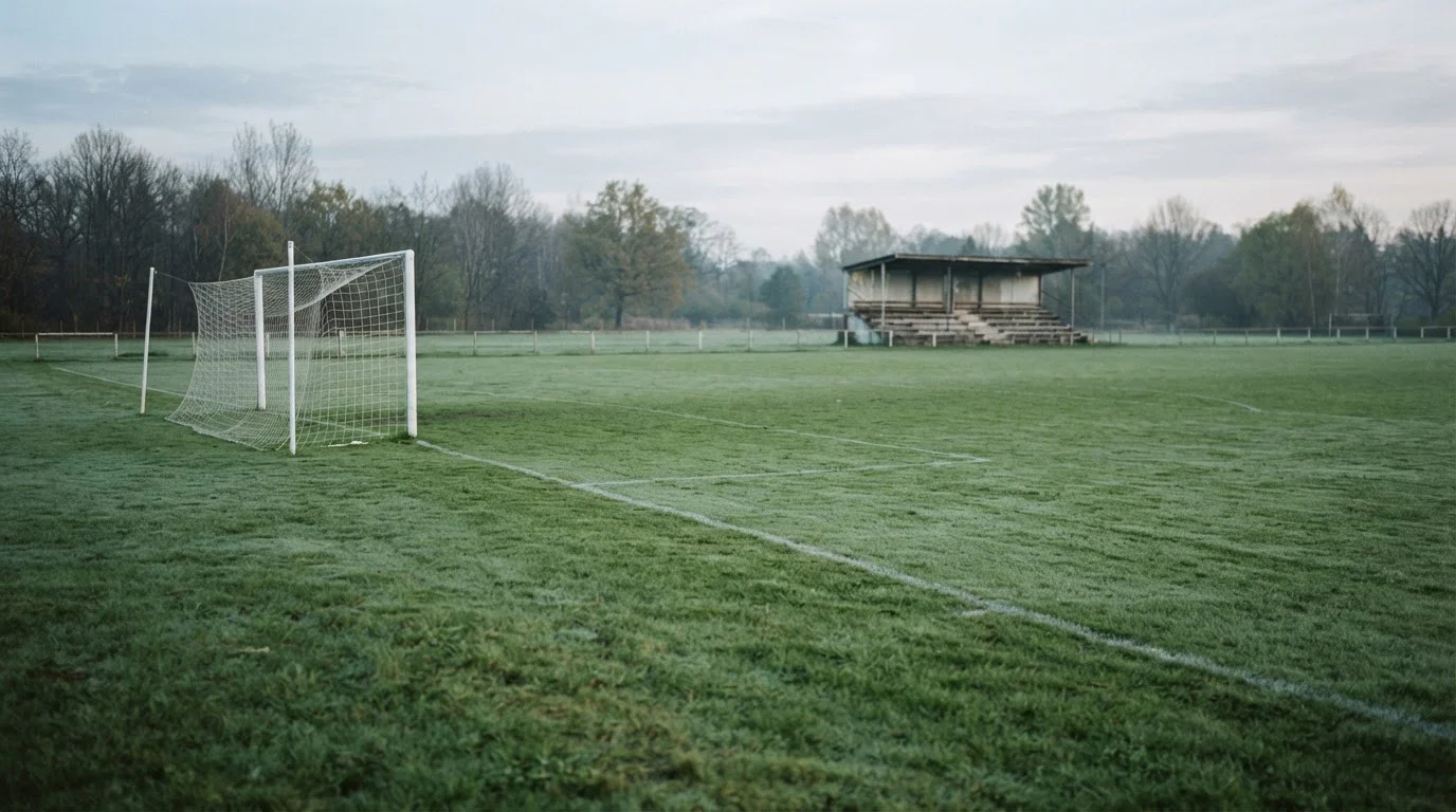 Leerer Sportplatz mit Rasen und Tribüne im weichen Tageslicht