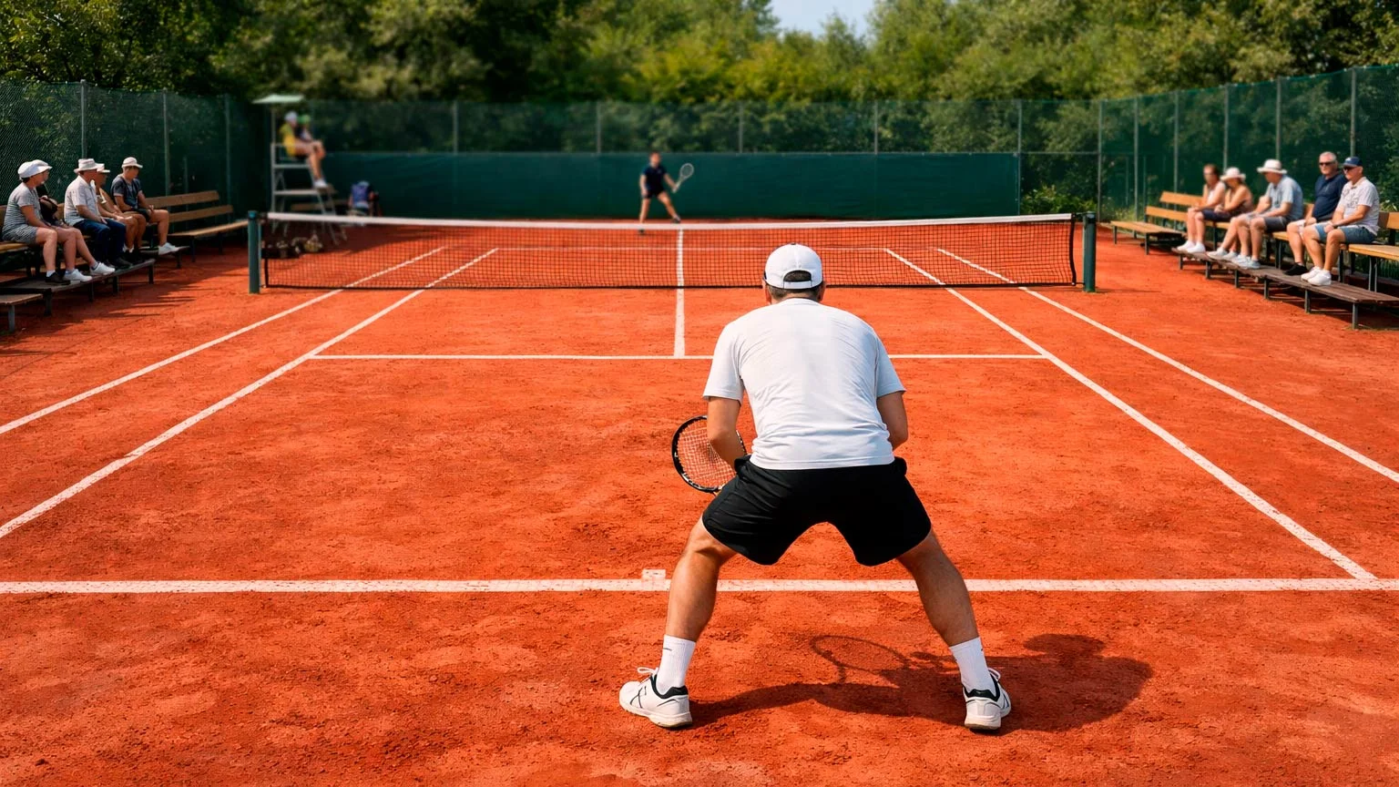 Kleines Tennisturnier mit wenigen Zuschauern auf einem Außenplatz bei Tageslicht