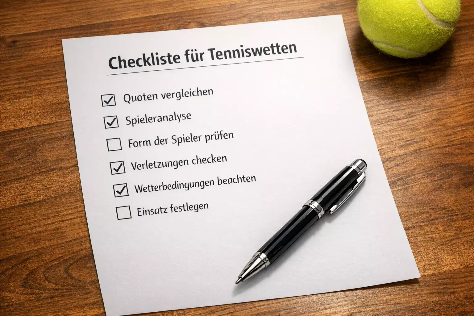 Checkliste auf Papier mit Stift auf einem Holztisch