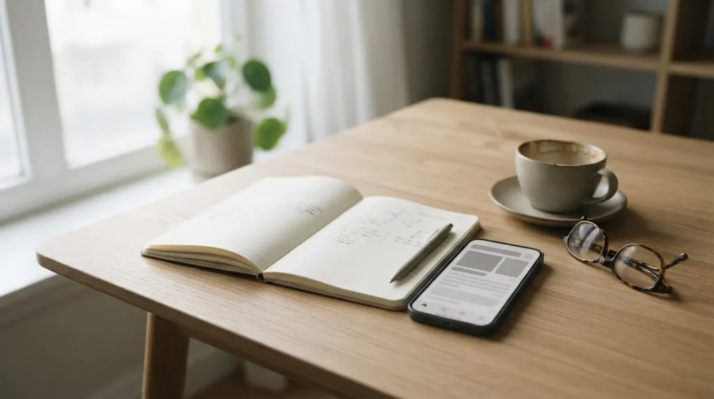 Smartphone auf Schreibtisch neben Notizbuch und Kaffeetasse im Tageslicht