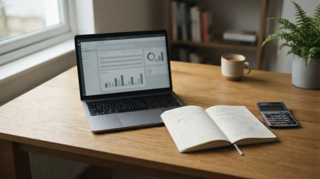 Schreibtisch mit Notizen und Laptop zum Vergleich von Wettquoten