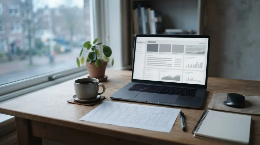 Analyse-Setup zu Bitcoin-Wettanbietern mit Notizen und Laptop