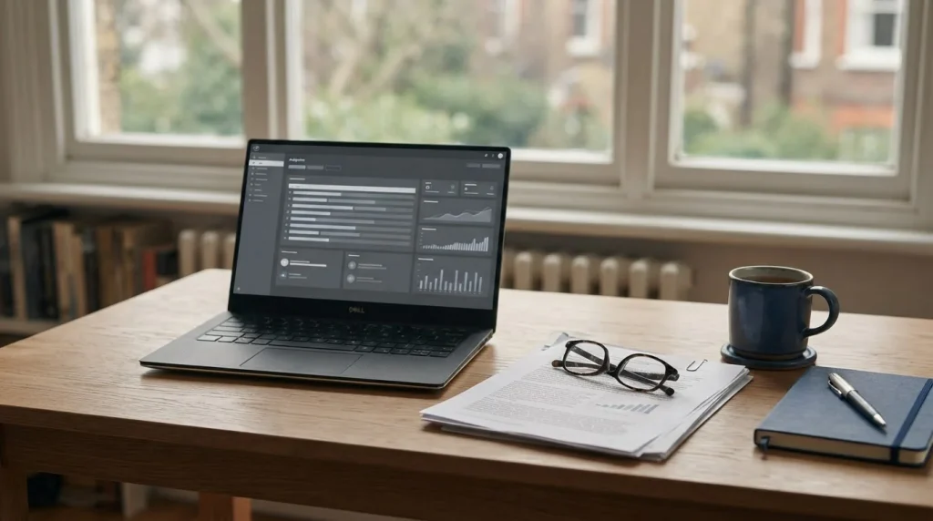 Schreibtisch mit Laptop und Notizen zur deutschen Wettlizenz