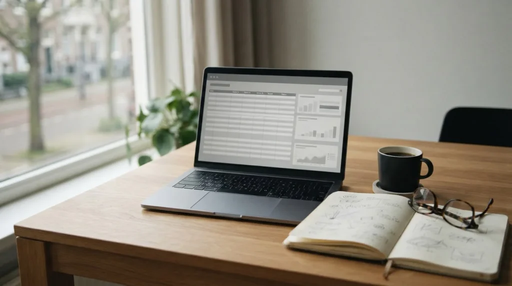 Schreibtisch mit Laptop und Notizen zum Vergleich von Wettanbietern mit Payz