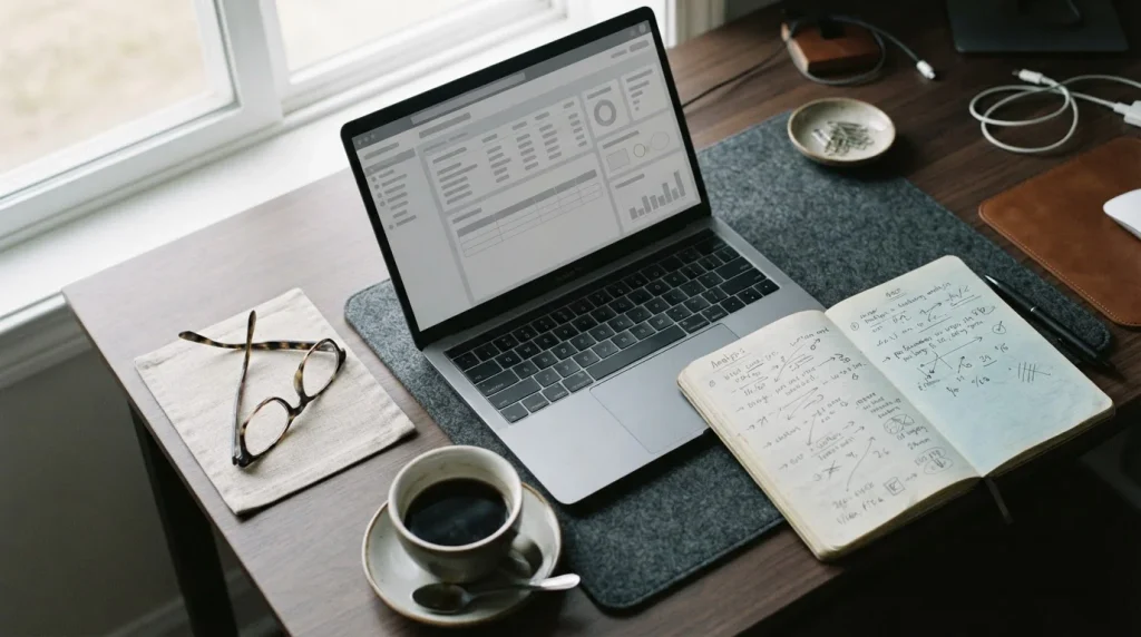 Schreibtisch mit Laptop und Notizen zum Vergleich von Krypto-Wettanbietern