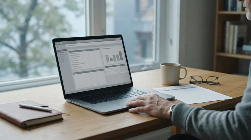 Schreibtisch mit Laptop und Notizen zur Analyse von Mastercard-Wettanbietern