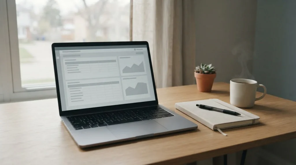 Schreibtisch mit Laptop und Notizbuch zum Thema Wettanbieter mit niedriger Mindesteinzahlung