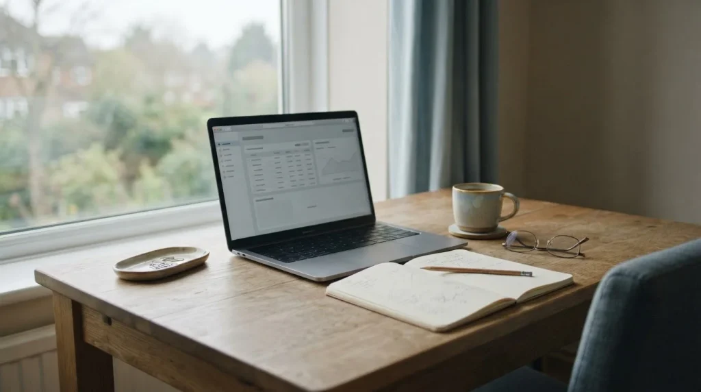 Schreibtisch mit Laptop und Notizen zum Vergleich von Wettanbietern mit Neteller