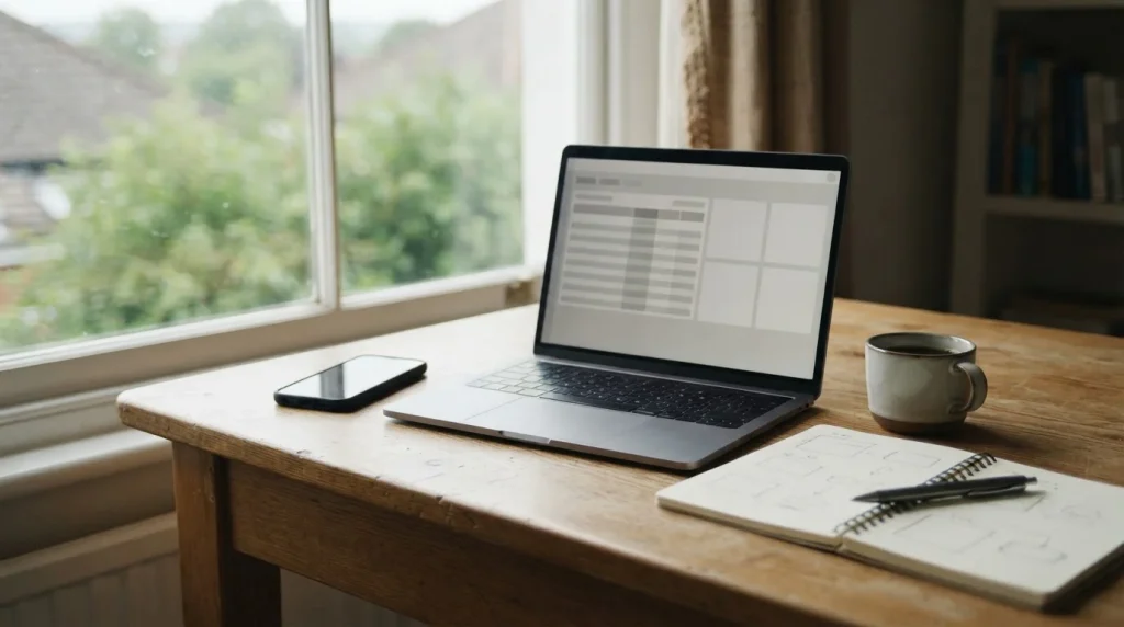 Arbeitsplatz mit Laptop und Smartphone zum Vergleich von Skrill-Wettanbietern