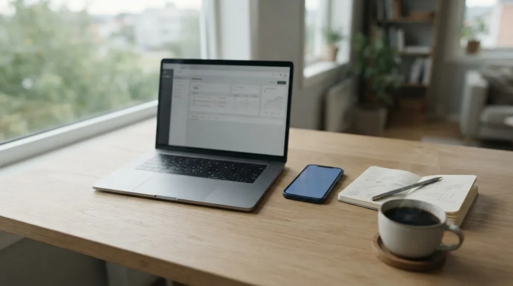 Schreibtisch mit Laptop und Notizen zu Trustly-Zahlungen bei deutschen Wettanbietern