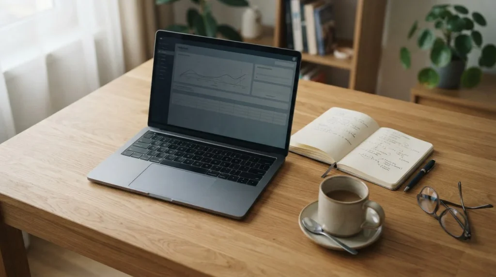 Schreibtisch mit Laptop und Notizen zum Vergleich von Wettanbietern mit Visa
