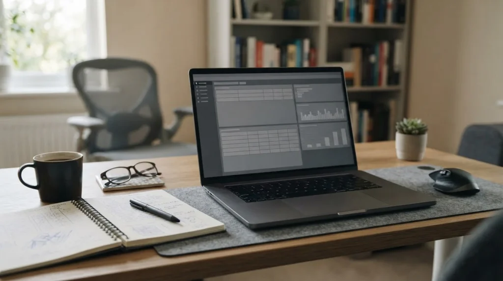 Schreibtisch mit Notizen und Laptop zur Analyse von Wettanbietern mit Zimpler