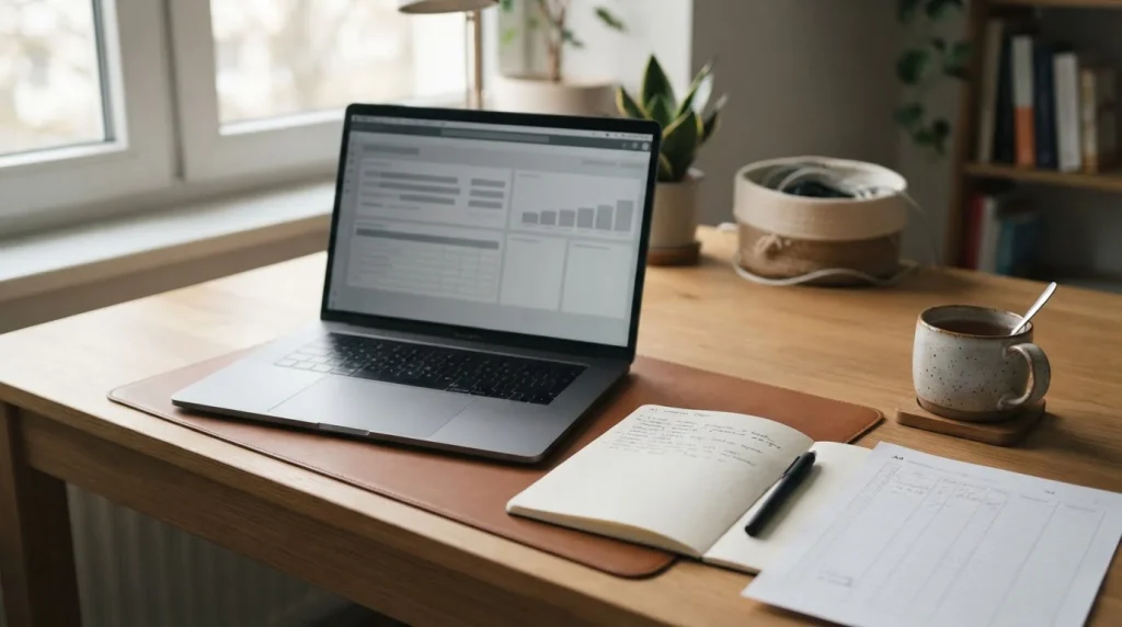 Ruhiger Schreibtisch mit Laptop und Notizen zum Thema Wettanbieter ohne Schufa
