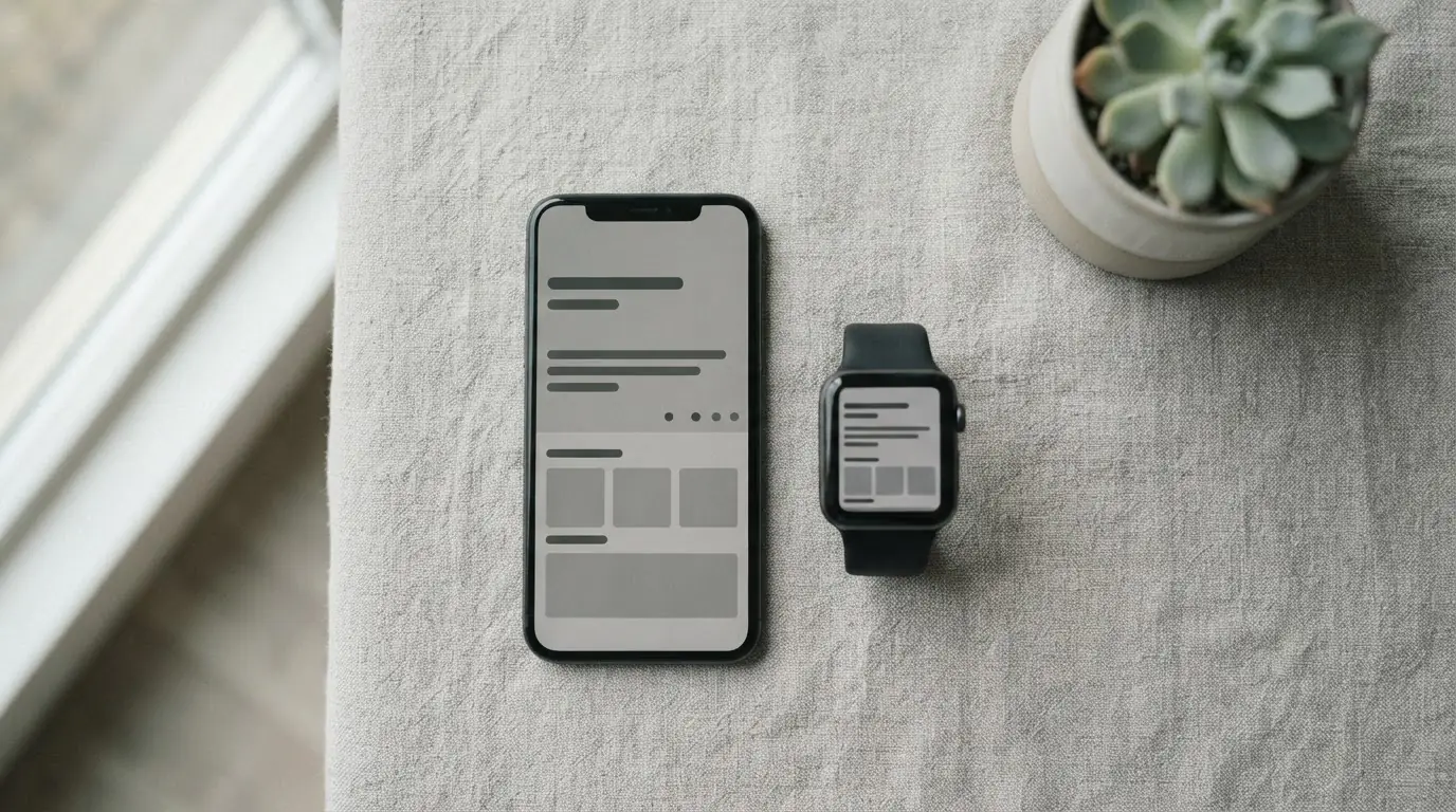 Smartphone und Smartwatch nebeneinander mit neutraler Oberfläche