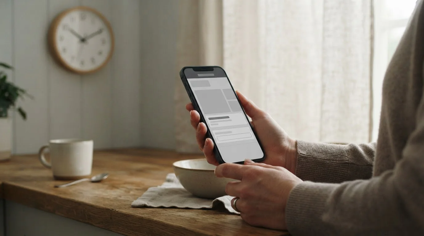 Hände am Smartphone neben einer sichtbaren Wanduhr