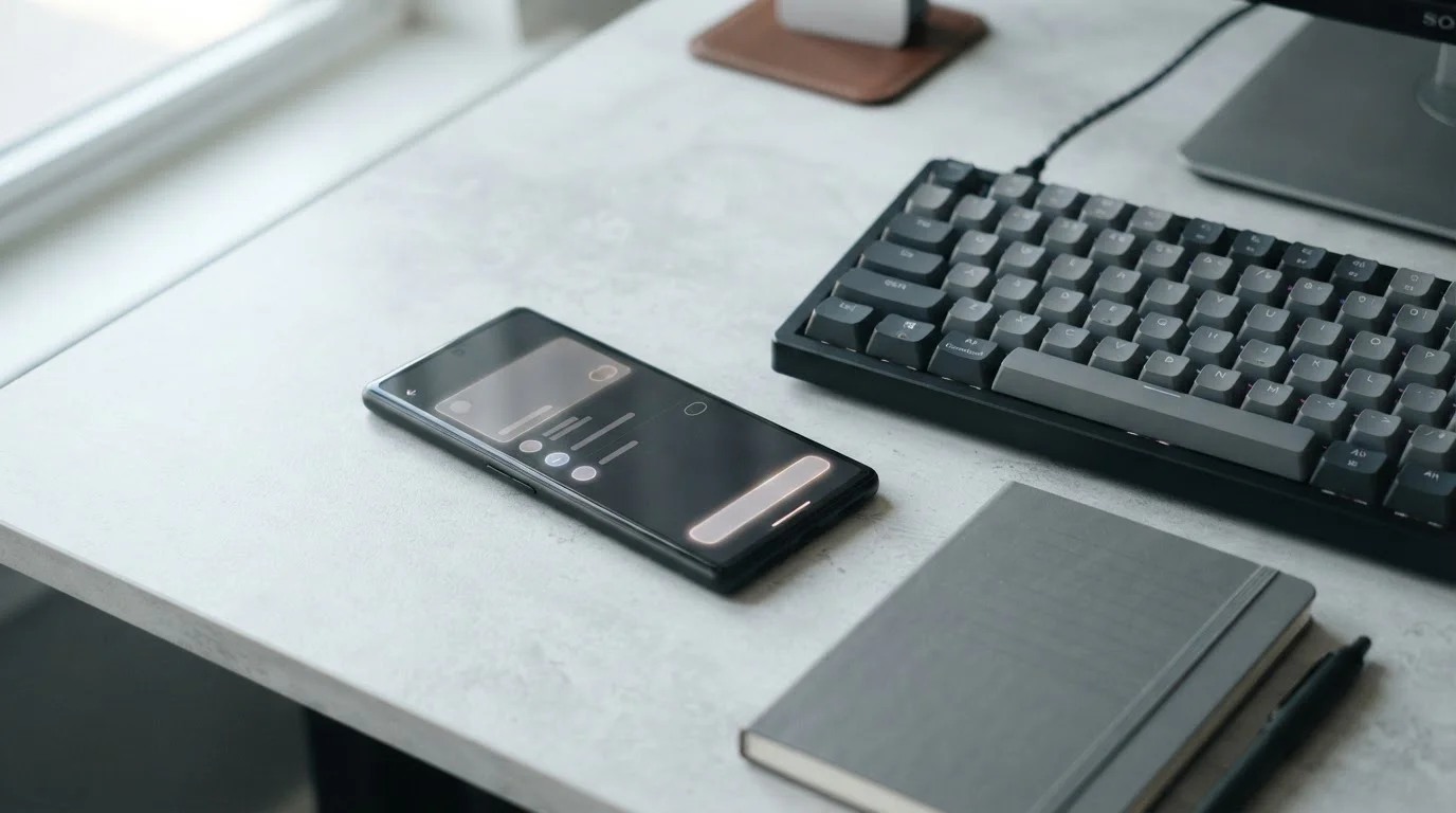 Smartphone mit neutraler Zahlungsoberfläche neben einer Tastatur