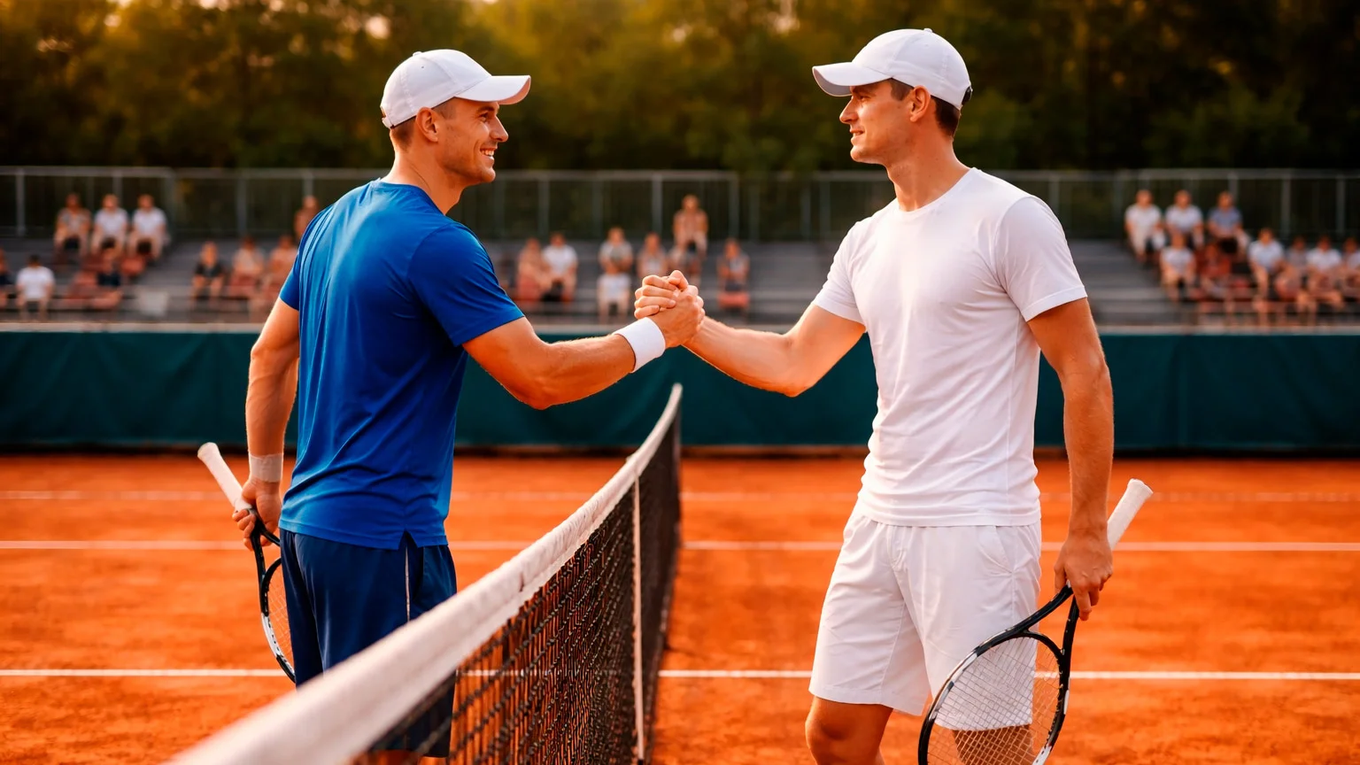 Tennisspieler beim Handshake am Netz nach einem Match auf Sandplatz