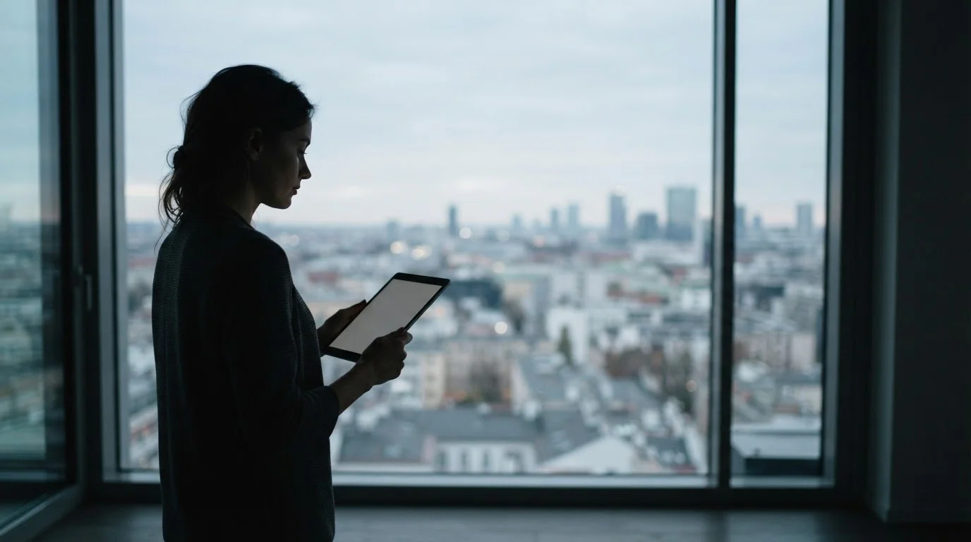 Person am Fenster liest nachdenklich auf einem Tablet