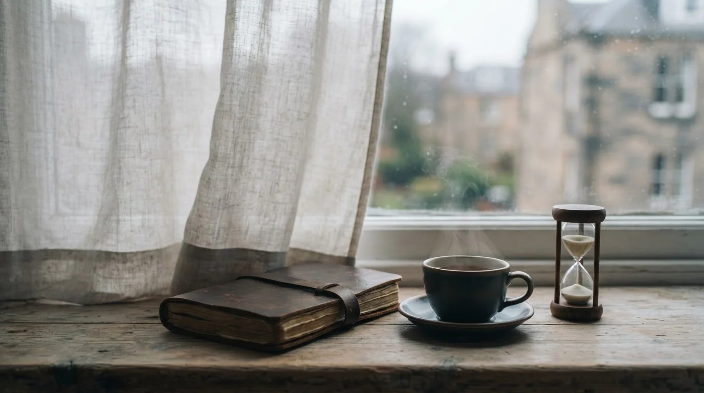 Ruhige Szene am Fenster mit Notizbuch und Teetasse, Symbol für bewusste Entscheidungen