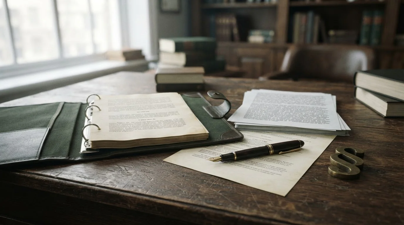 Juristische Unterlagen und Paragraphenzeichen auf einem Schreibtisch