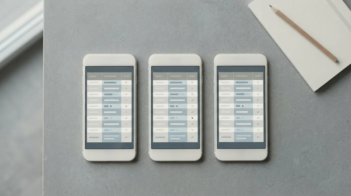 Mehrere Smartphones nebeneinander mit leeren Vergleichstabellen