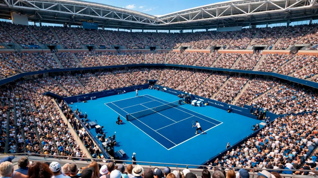 Großes Tennisstadion mit vollen Tribünen während eines Grand-Slam-Turniers bei Tageslicht