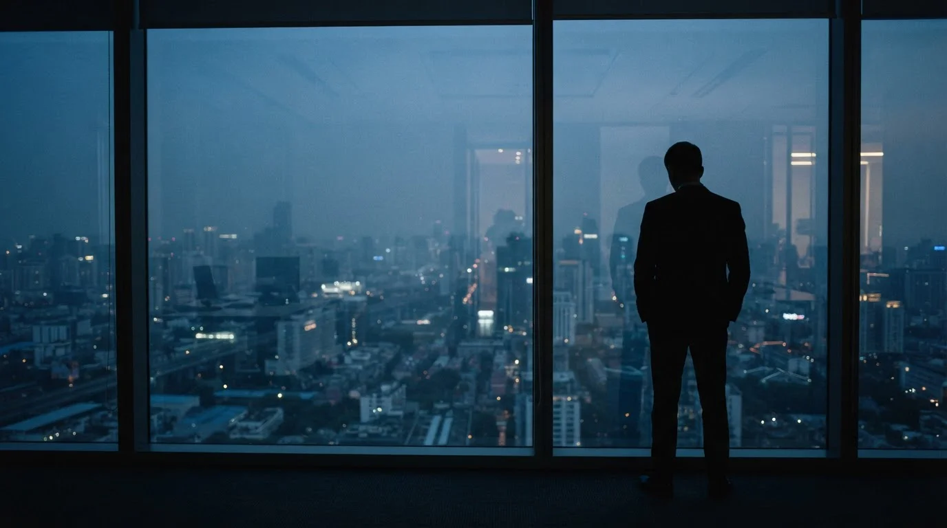Silhouette am Fenster mit Blick auf eine dunstige Stadtansicht