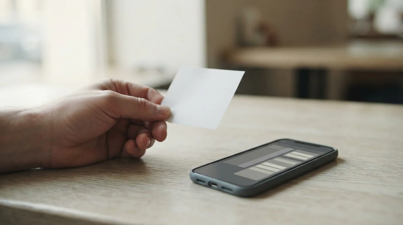 Hand hält einen unbedruckten Papiergutschein neben einem Smartphone