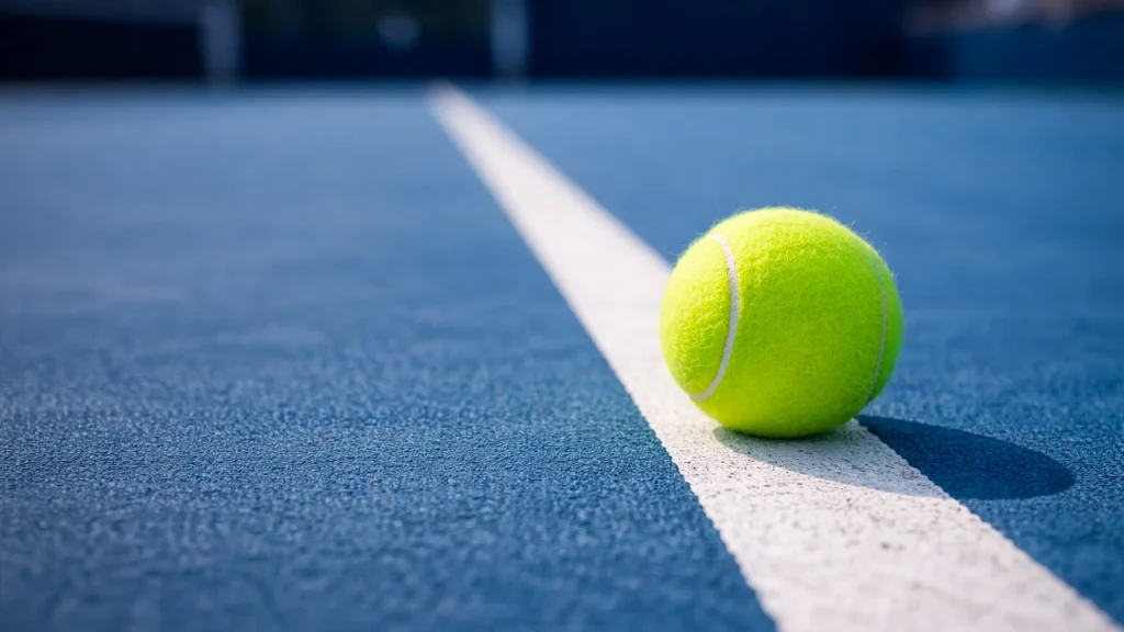 Tennisball rollt knapp neben der Linie ins Aus auf einem Hartplatz