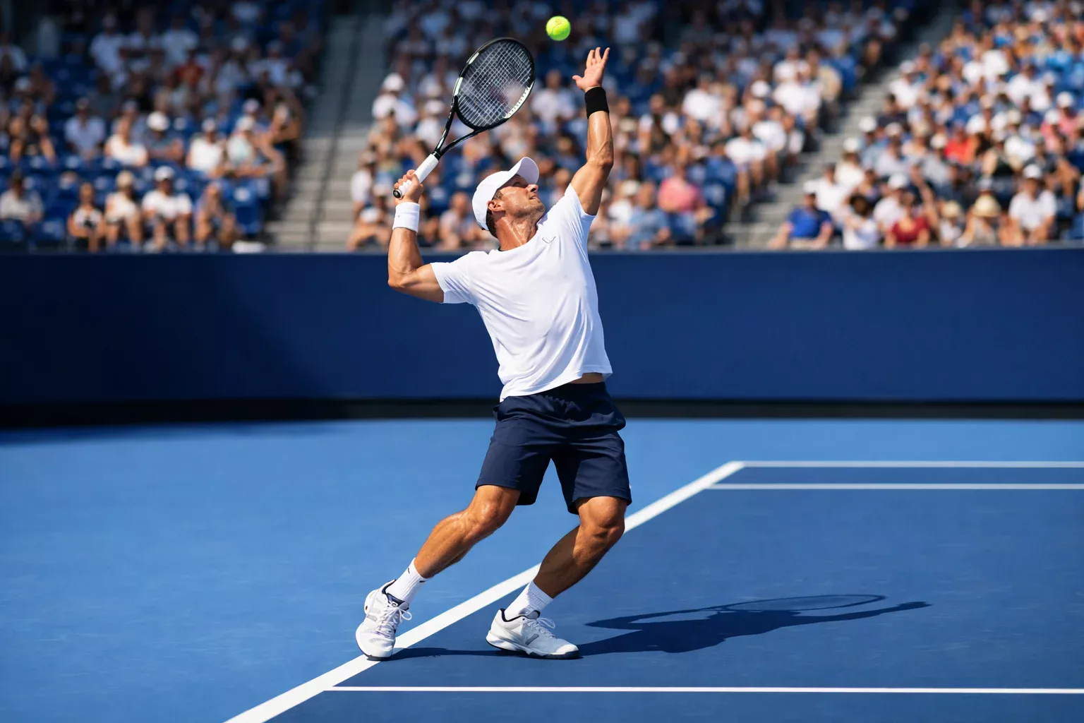 Tennisspieler serviert auf blauem Hartplatz bei Tageslicht